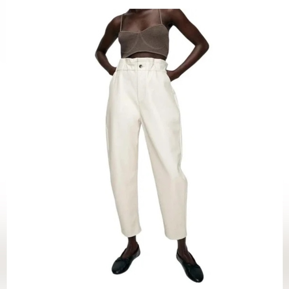 ZARA‎ Ivory FAUX LEATHER HIGH-WAIST BAGGY TROUSERS